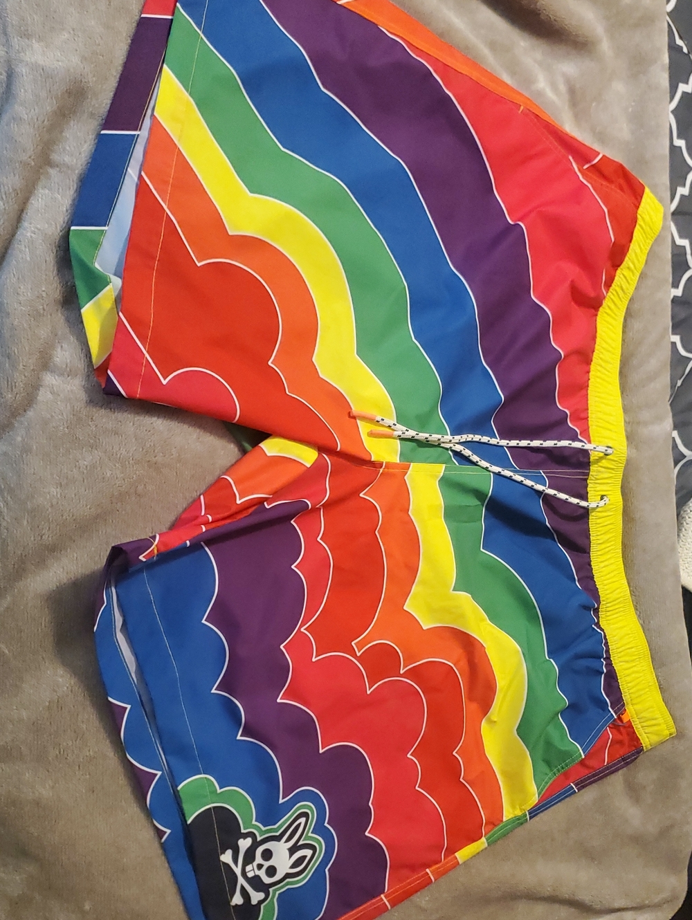 Psycho Bunny Kids Rainbow Wave Swim Trunks with Yellow Waistband